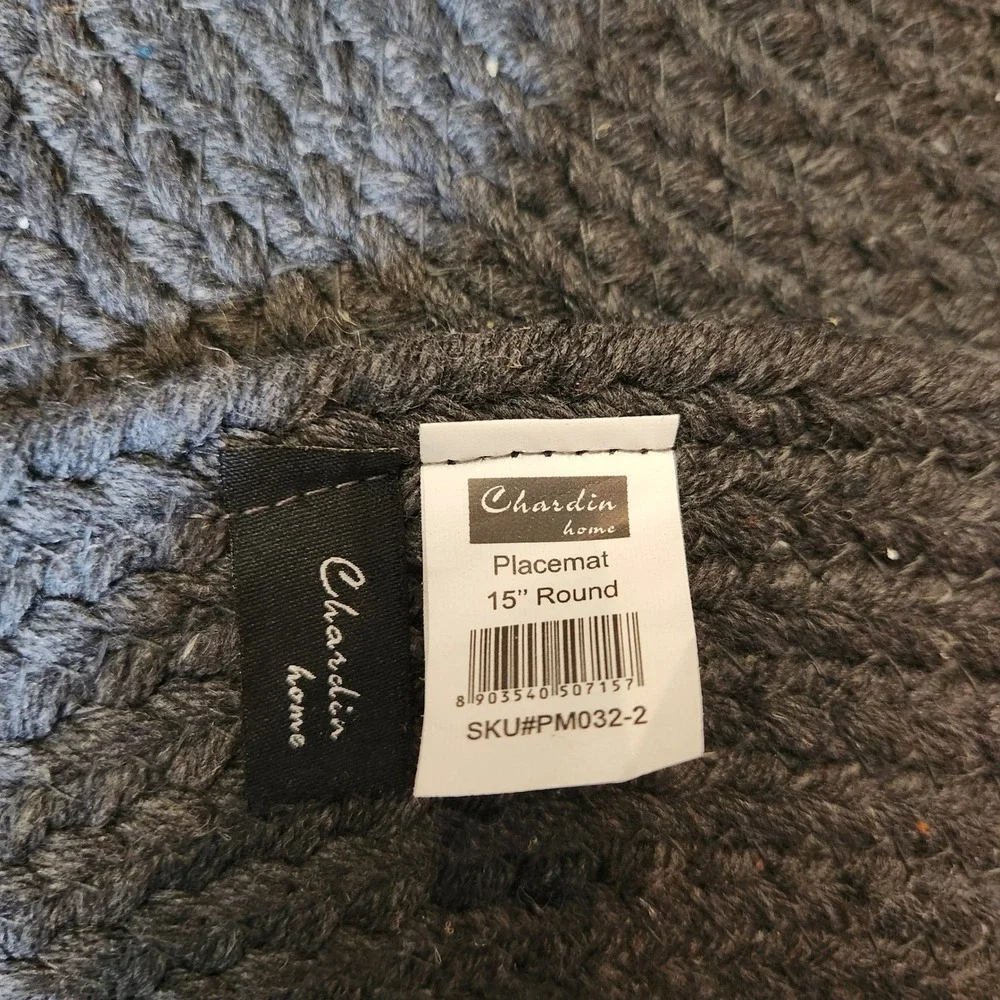 Chardin Home Charcoal Grey Braided Round Placemats 15in Recycled Cotton Set of 6